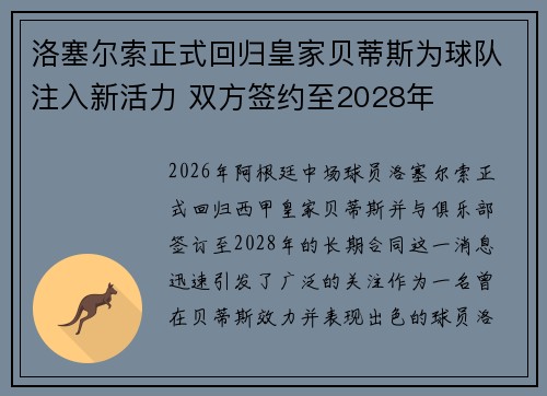洛塞尔索正式回归皇家贝蒂斯为球队注入新活力 双方签约至2028年